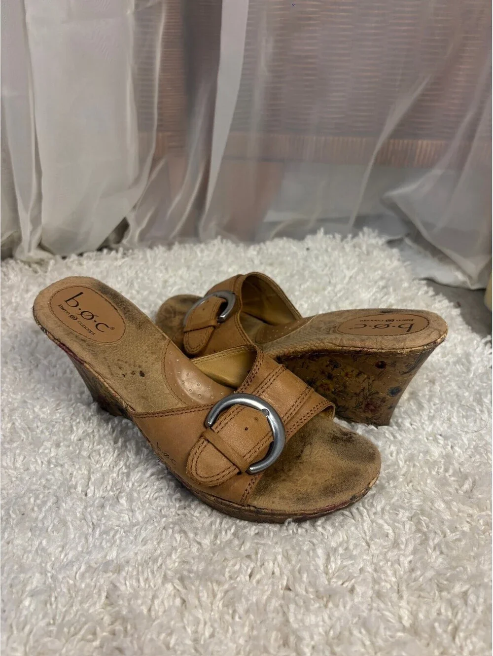 b.o.c. by Born Tan Floral Cork Wedge Slide Sandals Size 8 Boho Vacation Y2K